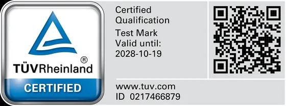 TÜV Rheinland certified qualification test mark, ID 0217466879 — verify on Certipedia